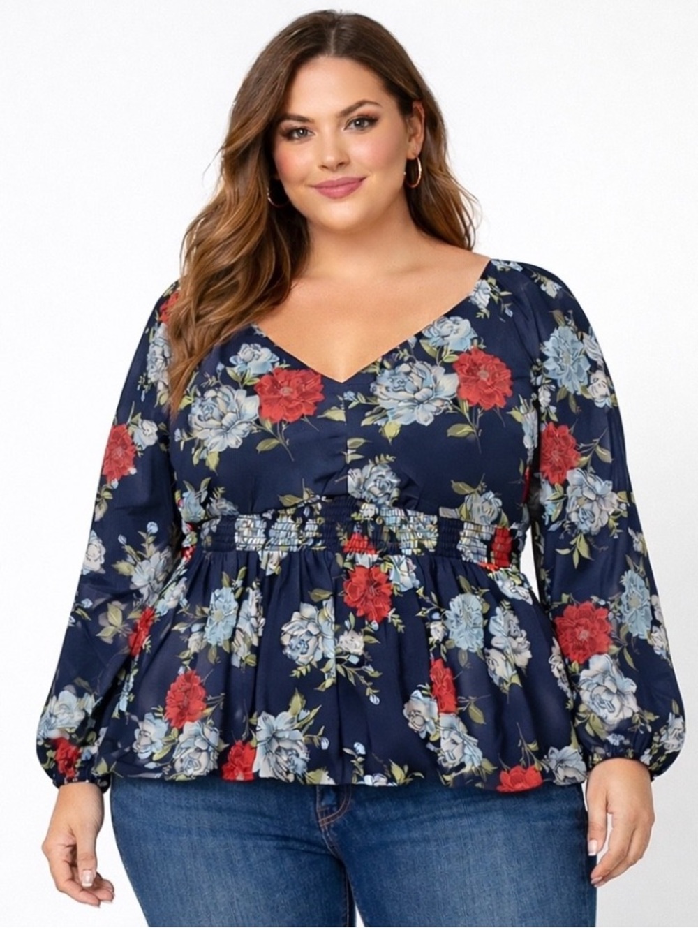 Torrid Navy Floral Mesh Babydoll Peplum Top V Neck Balloon Sleeve Plus 2X